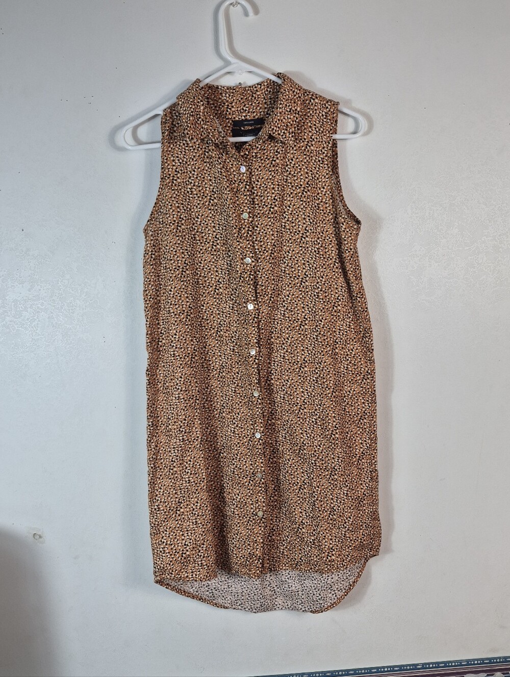 Women's Tahari Sleeveless Button Down Shirt Dress Size S Brown Black Linen